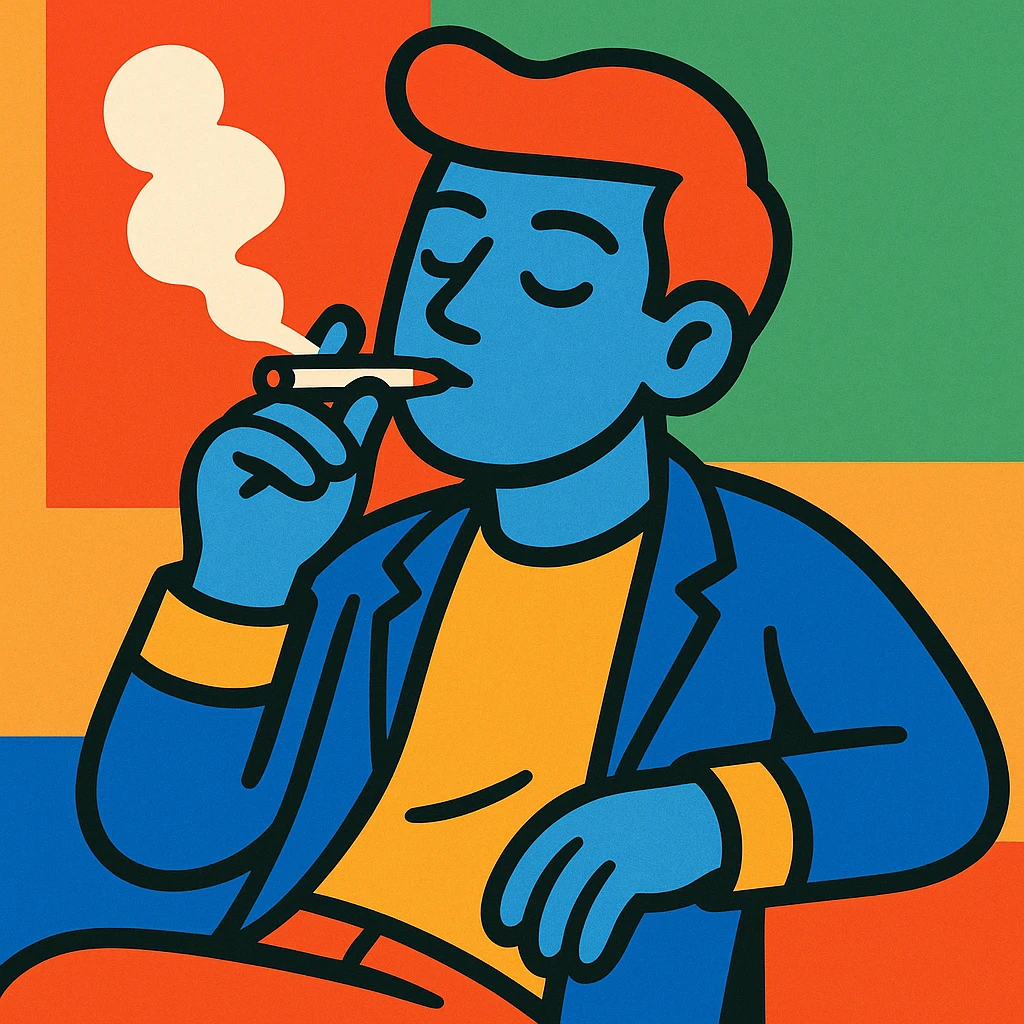 person smoking, relaxed pose, stylized cartoon, vibrant colors emoji