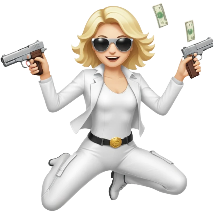 Mafia blondes woman Jumping for joy , in sunglasses, gun ,money , white costume  emoji