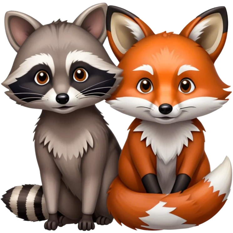 Collage of a raccoon and a fox, in close-up, set in a beautiful forest with tall trees, green bushes, and sunlight filtering through the leaves and flowers. A vibrant, wild atmosphere with a transparent background. emoji