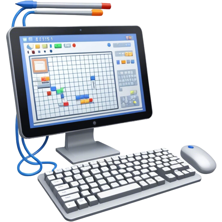 Emoji for Game Design: computer screen with Professional game development interface, 3D models, pixel art and design tools like grid, wireframe, and stylus. Symbolizes the technical and creative process of game development. Transparent background. emoji