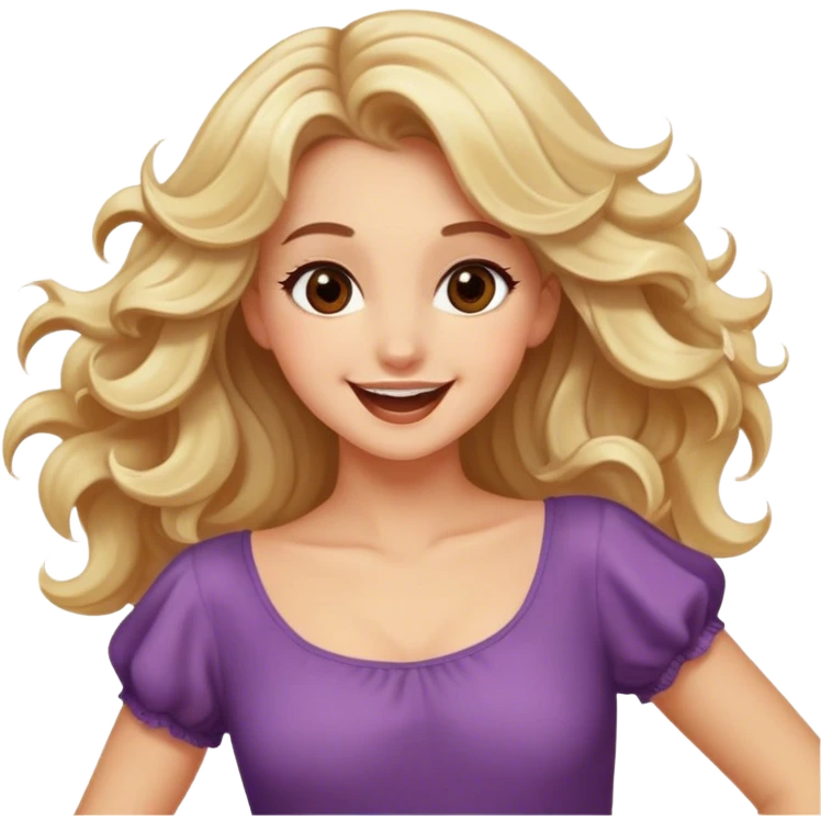 Pretty blonde model, brown eyes, soft wavy hair, happy dance emoji