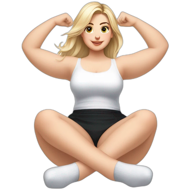 Front view full body curvy caucasian beauty sits on the floor straight hands up black skirt white knickers white socks emoji