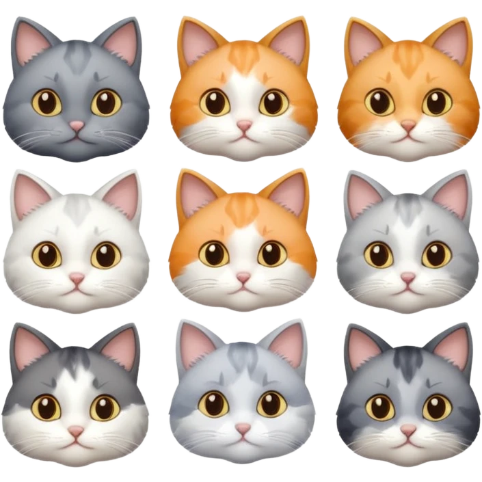 6 realistic looking cats with different natural coloured coats, assorted grey and white, greys, calico colours etc
 emoji