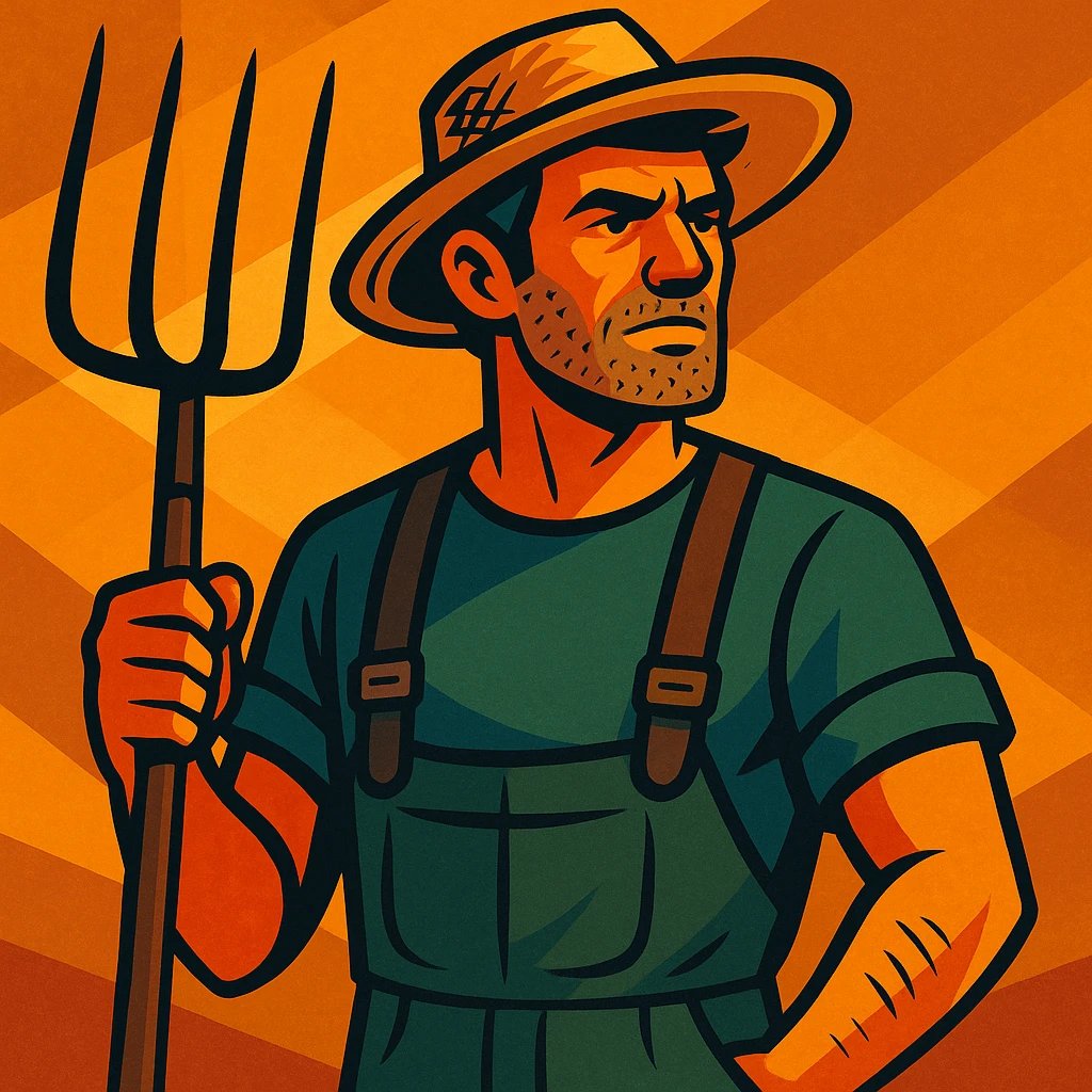 vibrant toon style illustration of a rugged middle-aged farmer, sun-bleached face, black hair, strong jaw, stubble, green trousers, suspenders, green T-shirt, straw hat, holding pitchfork, dramatic warm golden-brown background, bold lines, mix of warm and cool lighting, rustic rural America vibe emoji