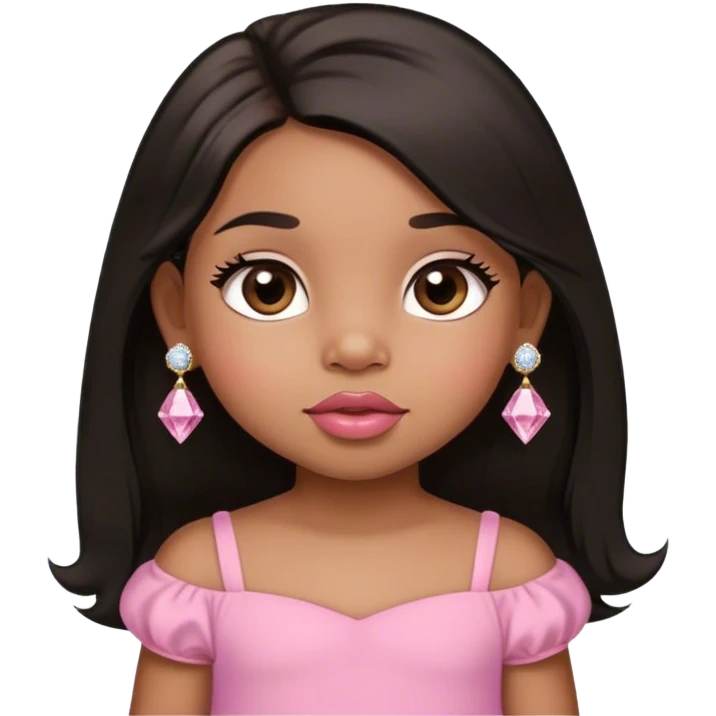 light brown skin tone, very adorable toddler, with big plump lips, long long lashes, black straight long hair, brown eyes, pink dress, diamond stud earrings emoji