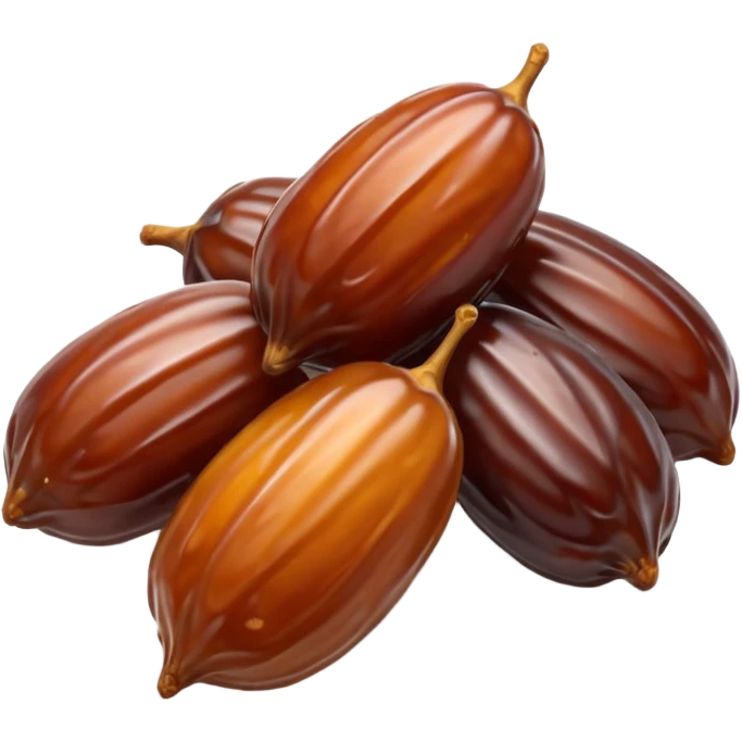 small cluster of dates, glossy brown skin, slightly wrinkled, plump, color variation from amber to mahogany, no plate, packaging, garnish, or faces, clean 3D, soft shadows, emoji scale emoji