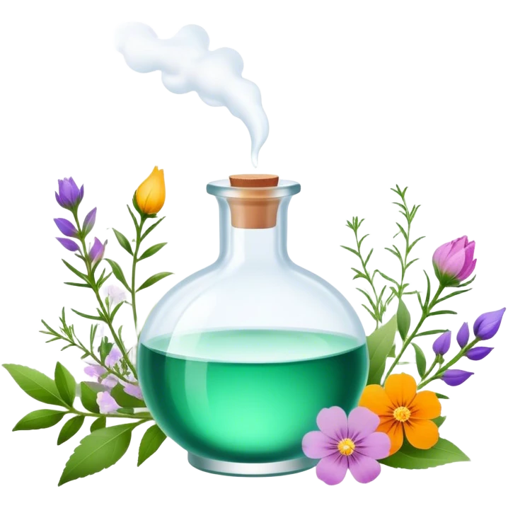 Perfume making icon, delicate glass bottle being filled with colorful essential oils from droppers, swirling mist rising from the bottle, flowers and herbs nearby, minimalistic style, clean lines, transparent background. emoji