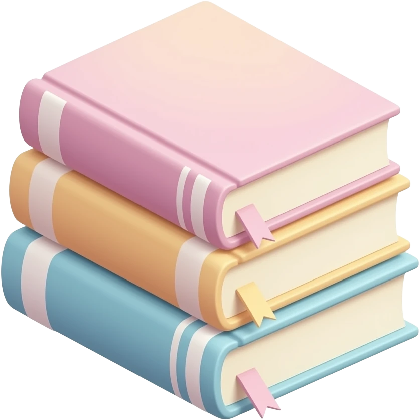3 stacked pastel books, with soft shadows, gentle sparkle, clean girl vibes emoji