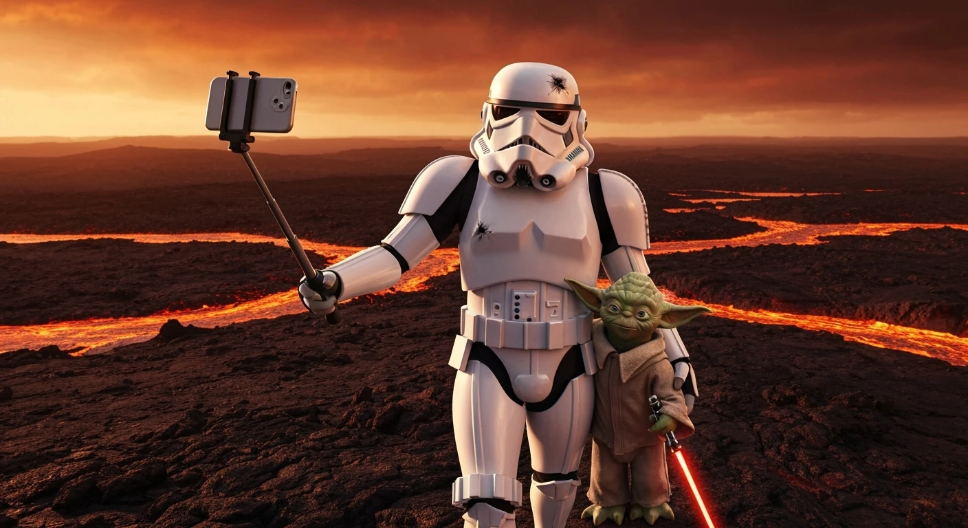 Starwars stormtroopers vlogging selfie, he is walking on lava planet with yoda emoji