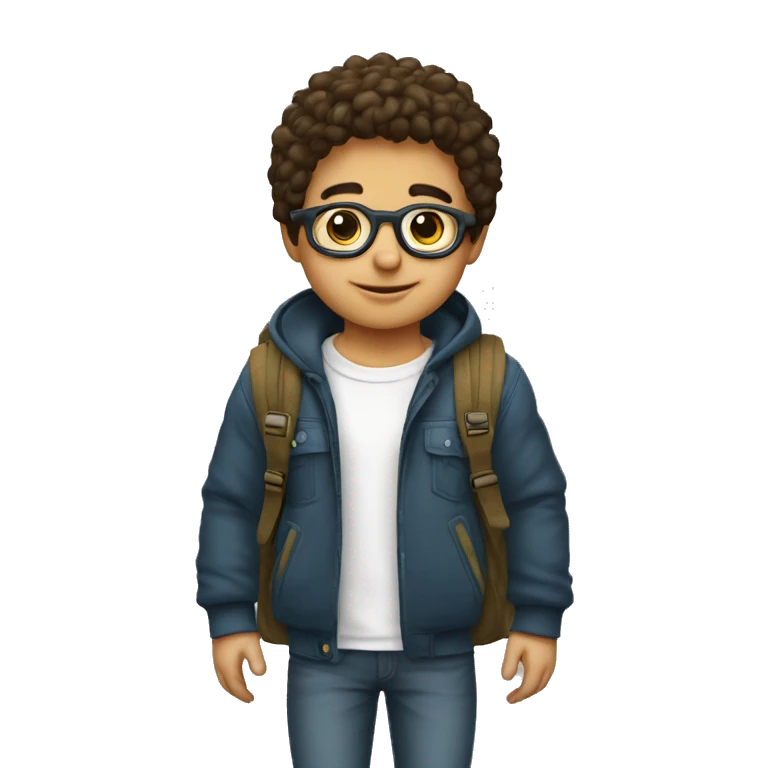 un niño blanco con pelo rulado corto y lentes con mochila emoji