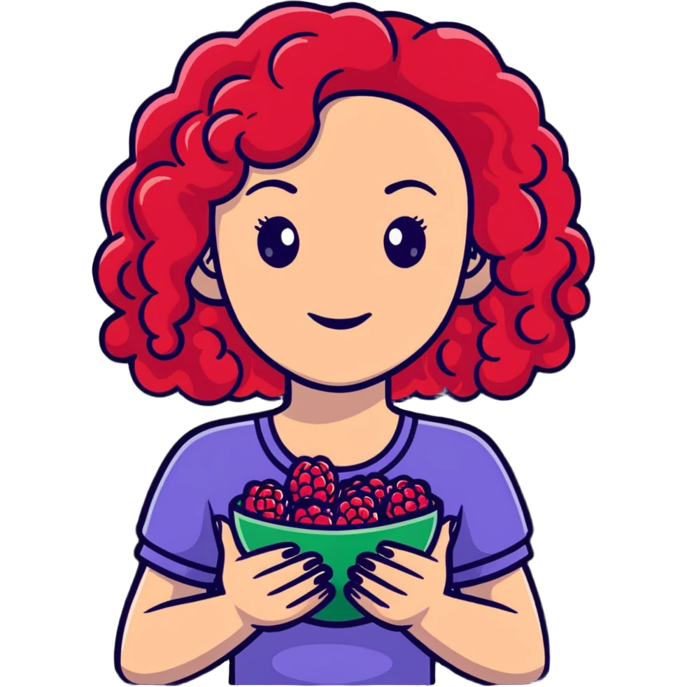 red-haired curly-haired woman holding raspberries in her hands emoji