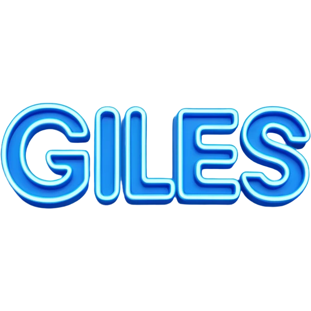 Blue neon sign with the word Giles emoji