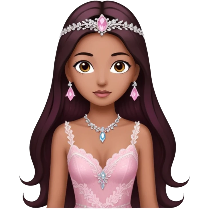enchantress goddess wearing a embellished shimmering light powder white lace and swarovski pink gown with tanned skin and super long straight dark brown hair emoji