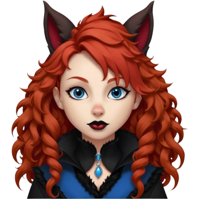  long curly red hair (darker), red pointed ears with black trim, black goth outfits, body and face human, blue eyes, more pointy chin, black lipstick, one big fluffy red squirrel tail with black tips, like the attached photo with more outfits and poses,  emoji