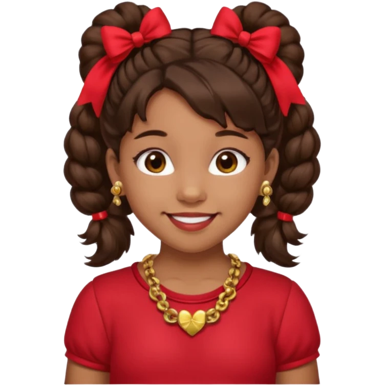 Brownskin girl dark brown hair fluffy. pigtails with red bows brown eyes smiling closed mouth red shirt gold esrrings gold necklace emoji