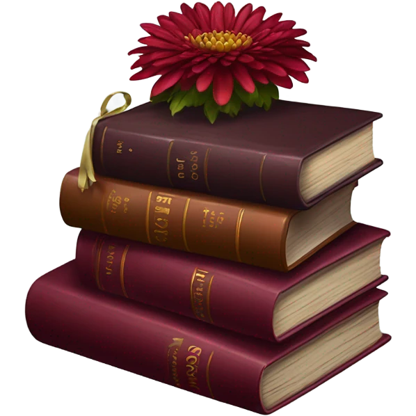 A maroon book stack adorned with ruby-red chrysanthemums and a candle emoji