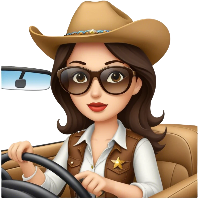 Brunette Cowgirl wearing sunglasses driving emoji