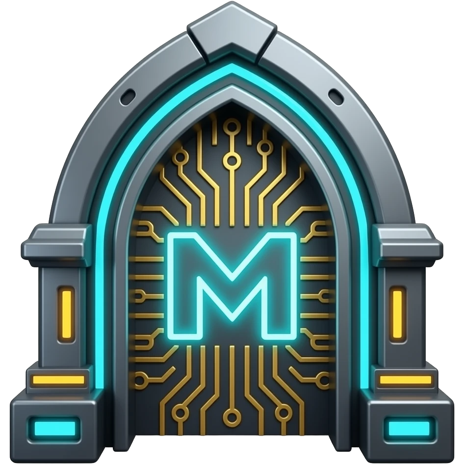 Minimalist 3D icon, mechanical gothic arch with glowing neon M logo, circuit board patterns, dark metal, cyan and gold light, sharp details, futuristic infrastructure aesthetic, centered, high resolution, isolated on black. emoji