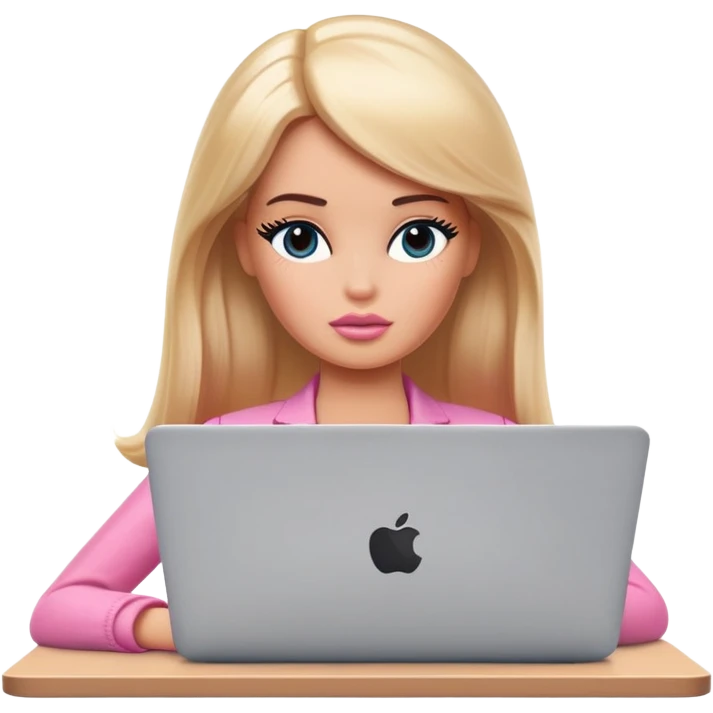 a tired barbie works in front of a macbook emoji