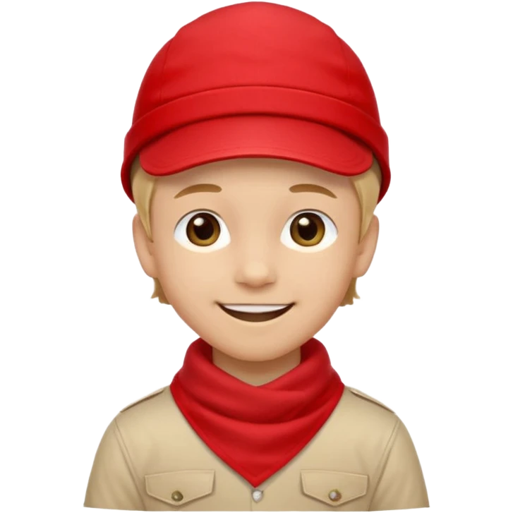 A Soviet pioneer emoji — smiling young boy wearing a bright red tie (pioneer neckerchief) and a red pilotka cap. White shirt, neat and cheerful, minimal flat emoji style, simple colors, clear outlines, professional emoji design. emoji