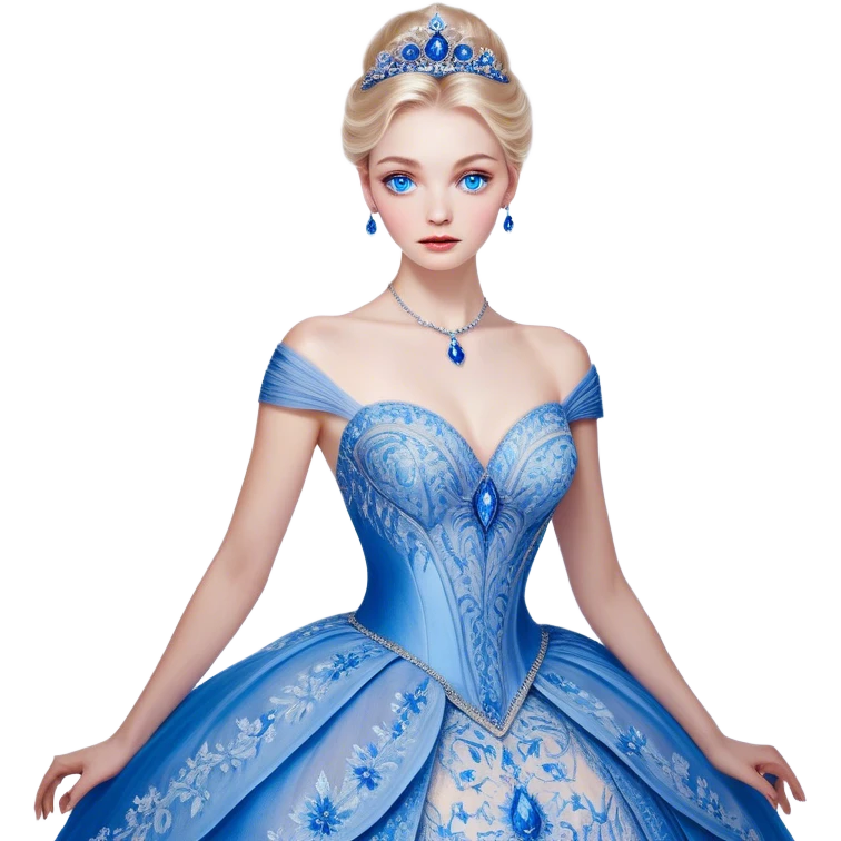 Cinematic Realistic Cinderella Portrait, depicted with lifelike skin texture, subtle rosy undertones, and soft natural lighting that enhances the gentle contours of her face. Her intricately detailed golden blonde hair is elegantly styled in an updo, with delicate wisps framing her face for added realism. Her deep, expressive blue eyes radiate warmth and sincerity, reflecting a quiet resilience and grace. She is dressed in her iconic ball gown, the fabric shimmering with intricate embroidery and fine translucent layers that catch the light beautifully. The soft sheen of satin gloves and the delicate sparkle of a glass-like slipper peeking from beneath her dress add a touch of magical realism. The portrait features an enchanting glow with a natural, luminous finish, seamlessly blending realism and fairytale charm to evoke a sense of depth, elegance, and timeless beauty. emoji