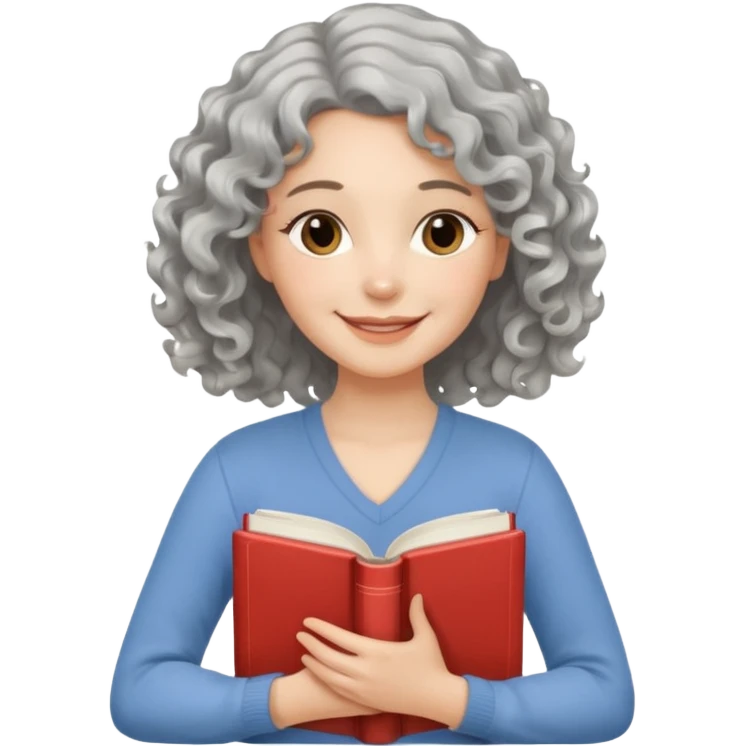 Silver hair, wavy/curly hair chin-length lady giving hug with 2 arms,  v-neck and smiling, add a favorite book emoji