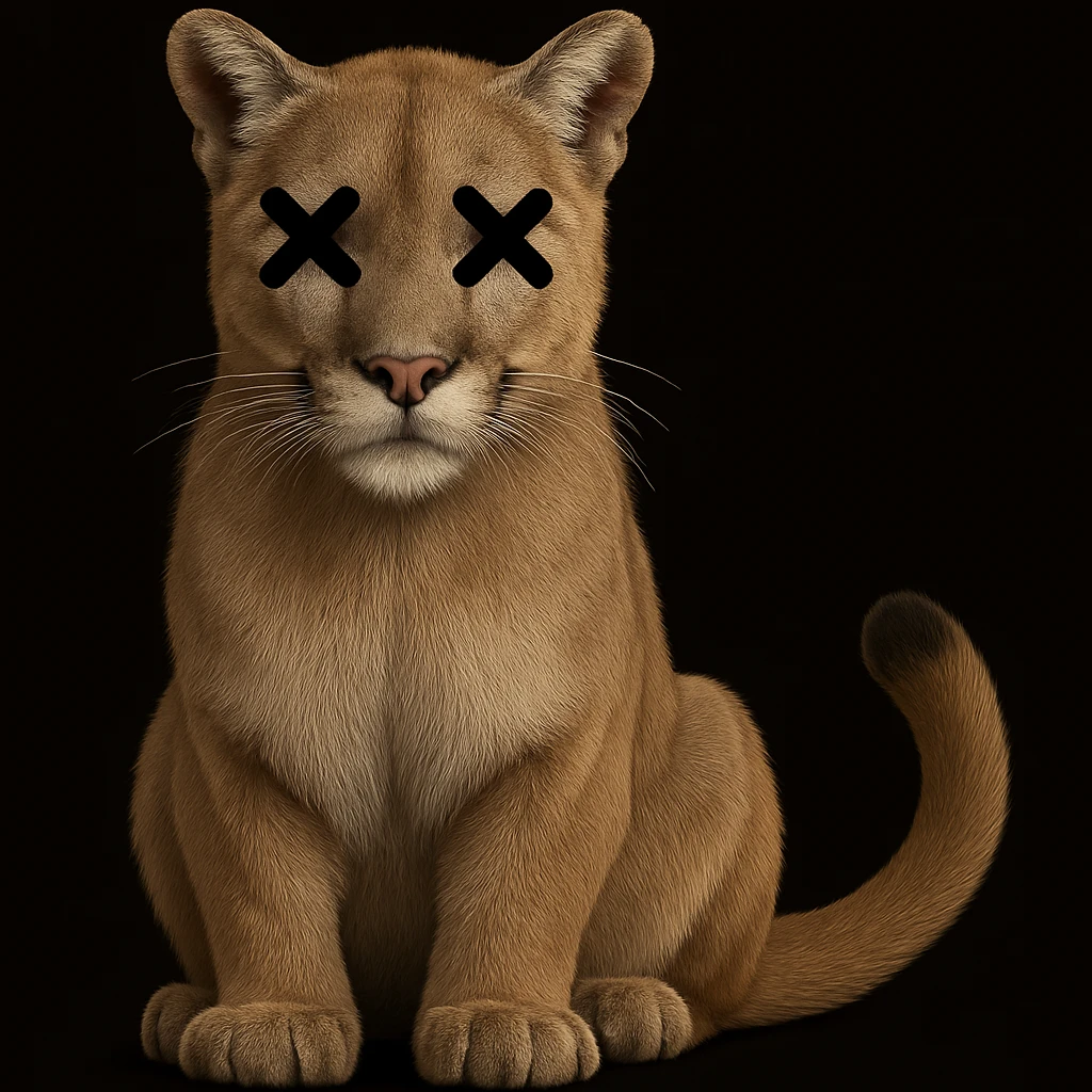 Overlay cartoon X's on the eyes of the mountain lion, keep everything else 100% identical—pose, style, lighting, and background. Maintain the original style and look exactly as in the reference image. emoji