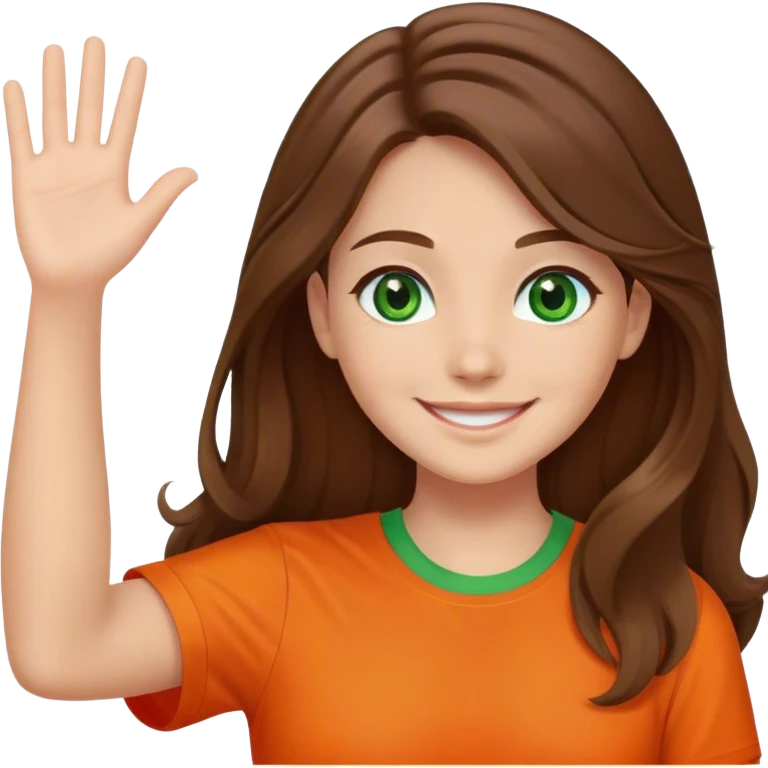 smiling girl with brown hair, long hair, middle hair part, waving, green eyes, orange shirt emoji