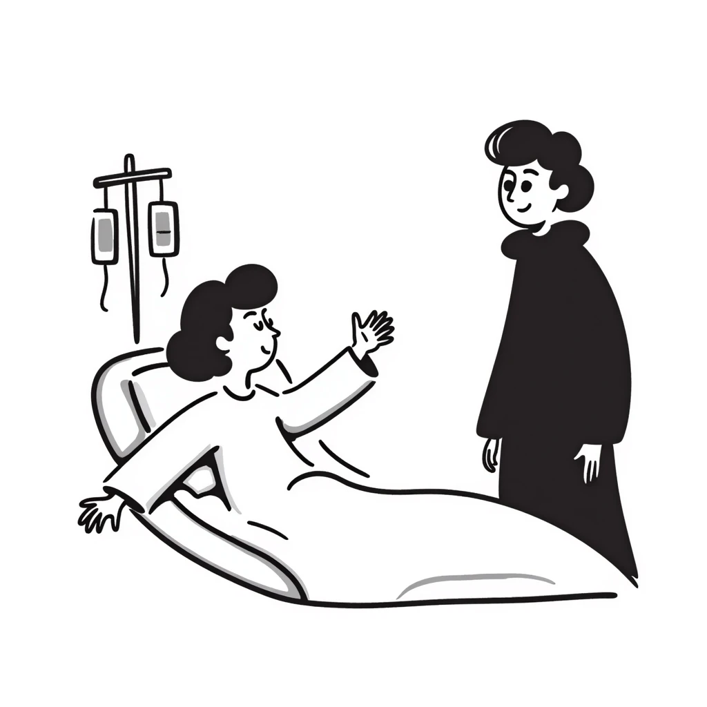 a person in a hospital gown sitting in bed reaching out to a visitor, hospital room visible with subtle medical details emoji