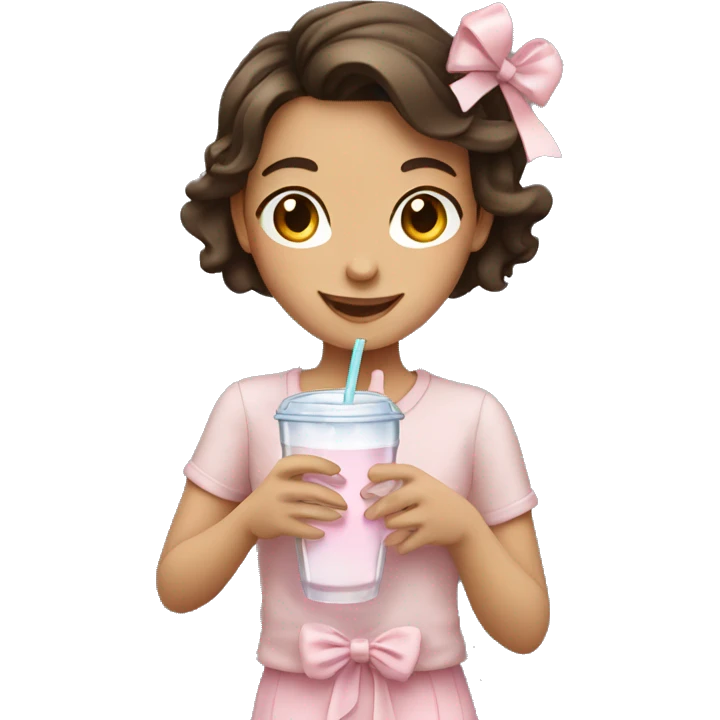 Happy brunette girl with light pink bows and clothes holding a drink emoji
