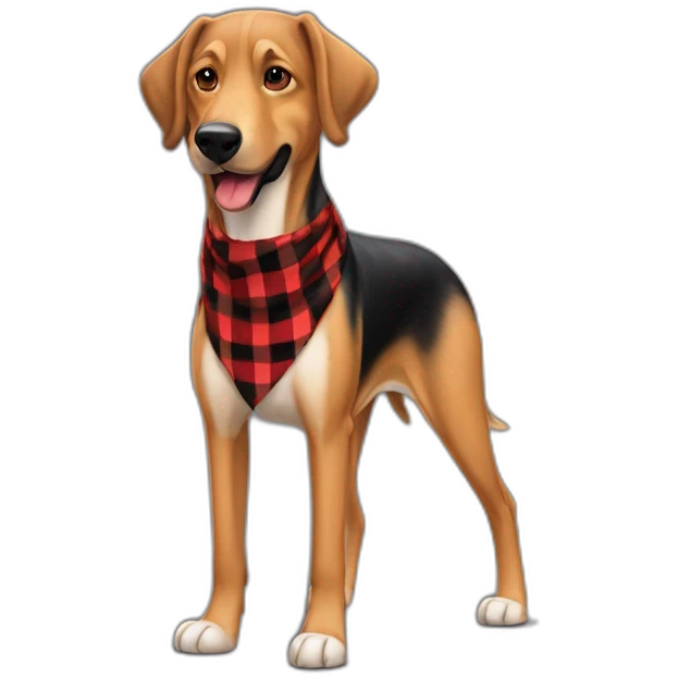 adult 75% Coonhound 25% German Shepherd mix dog with visible tail wearing small pointed red buffalo plaid bandana full body walking left quickly emoji