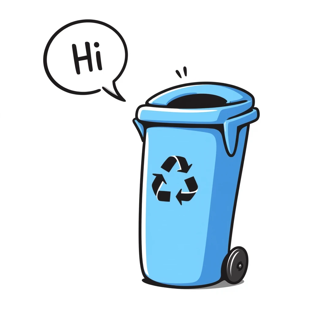 hand-drawn blue bin with a smile, speech bubble with 'hi' emoji