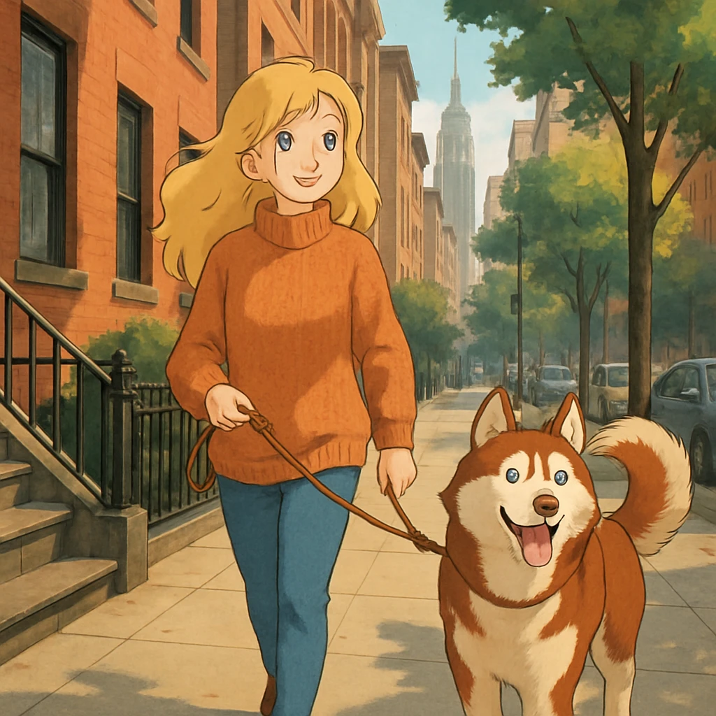 Cute Blonde woman wearing a sweater walking a happy red-brown blue-eyed Siberian husky in New York City on an upper east side city sidewalk  emoji