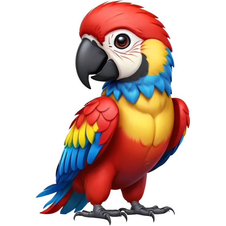 cinematic-macaw-realistic-full-body-standing-emoji,-vibrant-feathers-glowing-with-rich-reds,-blues,-and-yellows,-head-tilted-dramatically,-curved-black-beak-gleaming,-piercing-dark-eyes-exuding-confidence,-simplified-yet-realistic-focused emoji
