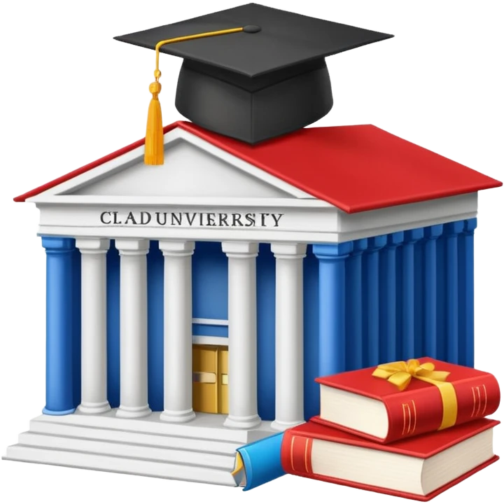 classic academic university building, books, graduation cap, bright colors emoji