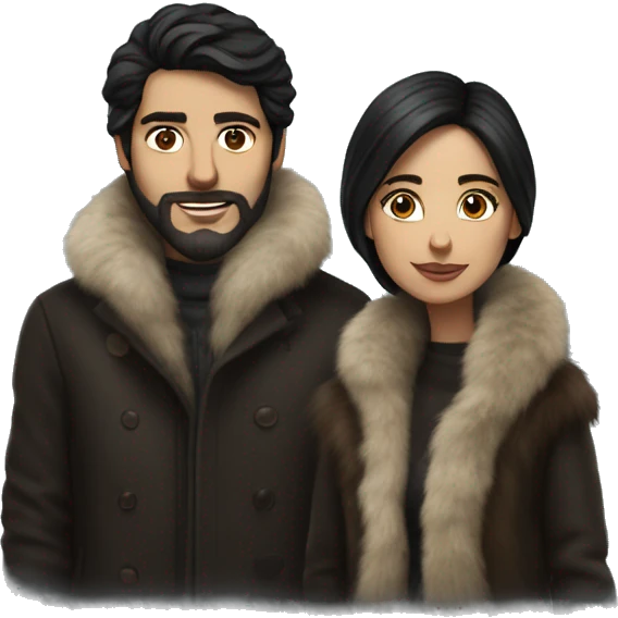 Realistic Dark haired couple in long fur coats emoji