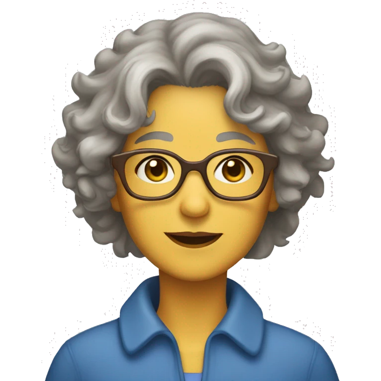 a 60 year old lady with short messy, curly, grey hair, blue glasses, light brown skin, dark brown eyes, and a yellow shirt emoji