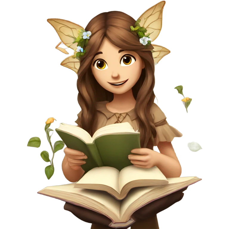 Female, fairy, wings, pointed elf ears, long brown hair, reading, stack of books, vines, flowers emoji