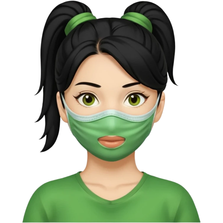 Chica con cabello negro en una coleta y una mascarilla verde claramente relajada  emoji