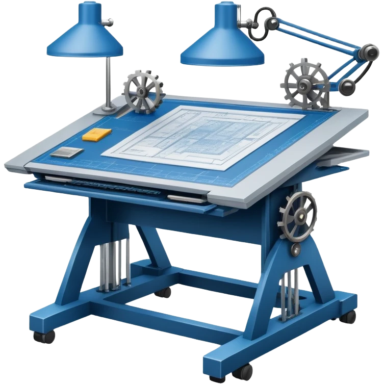 An icon featuring an engineering drafting table with a blueprint, a ready machine, and microchips, symbolizing engineering. The design includes gears, tools, and circuit boards, representing the design, creation, and innovation in technology. Transparent background highlights the science of building emoji