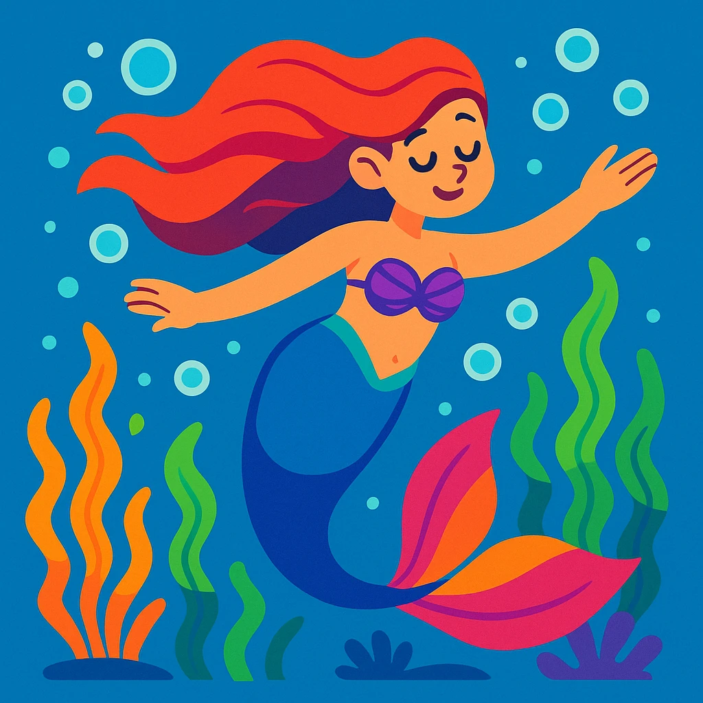 A vibrant and magical mermaid swimming underwater, surrounded by bubbles and seaweed emoji