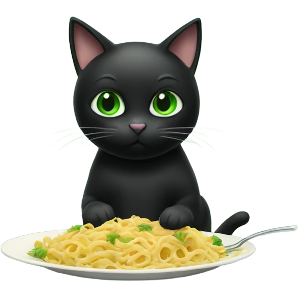 black Cat green eyes eating pasta emoji