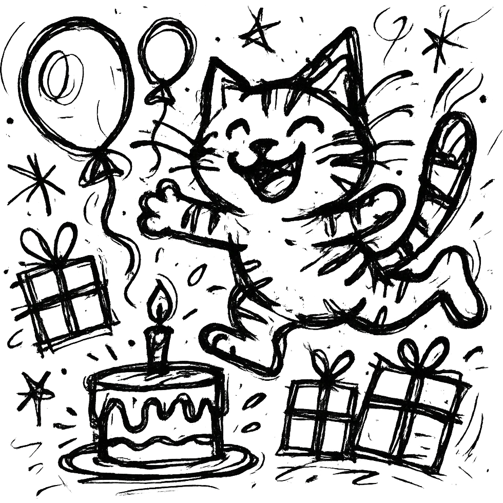 chaotic outlined icon of a happy tabby kitten jumping among balloons, birthday cake, and gift boxes, with wild, scribbled lines emoji