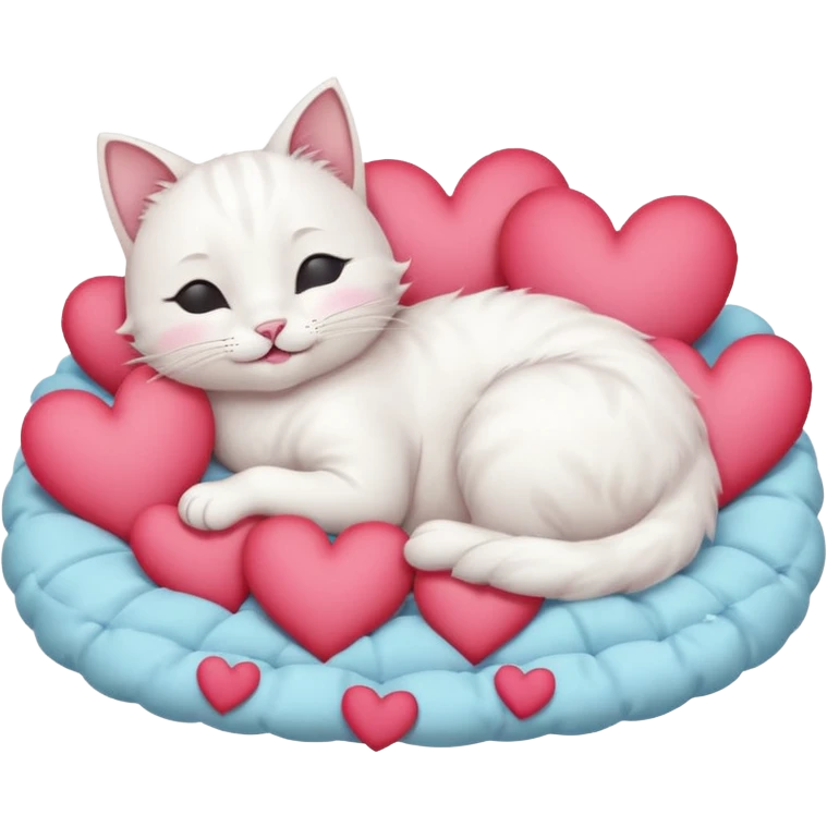 White Smiling cat sleeping in a bed full of hearts emoji