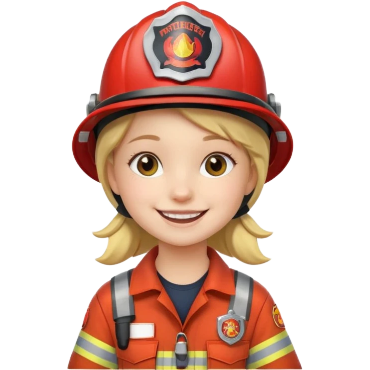 Young girl, firefighter helmet, smiling brightly emoji