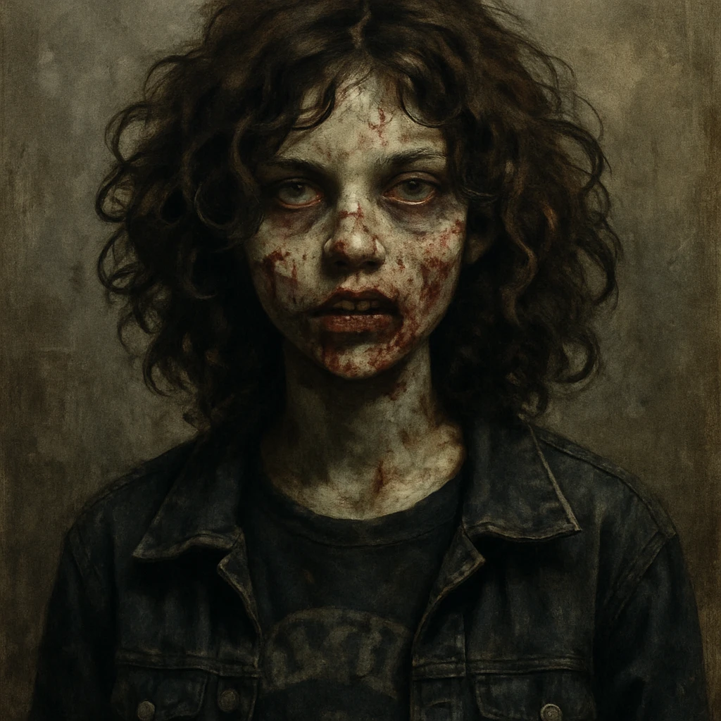 zombie teen girl with brown hair, grunge style, Curly hair emoji