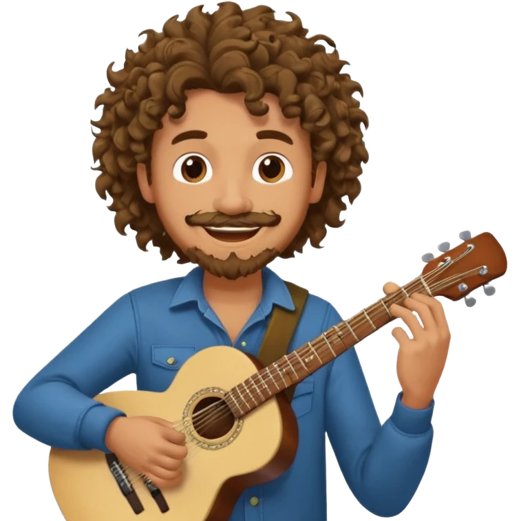 Generate a dude with curly hair and a shitty goatee who is high on marijuana playing the guitar and twisting a strand of his hair emoji