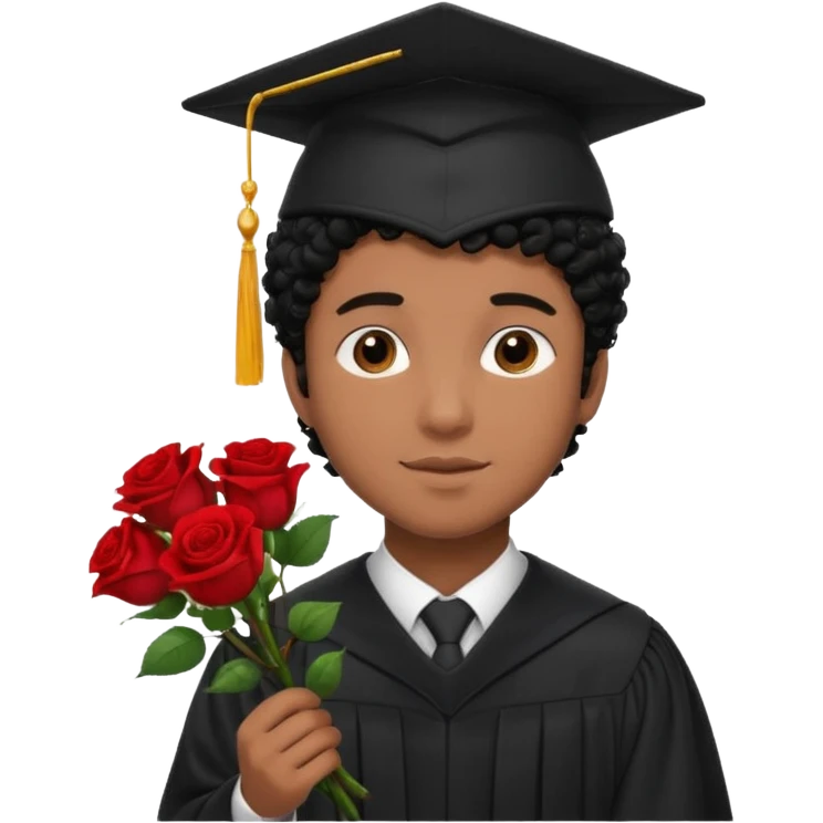Graduated Students, Male,  brown skin, black curly hair, wearing graduation cap, holding bouquet of flowers
 emoji