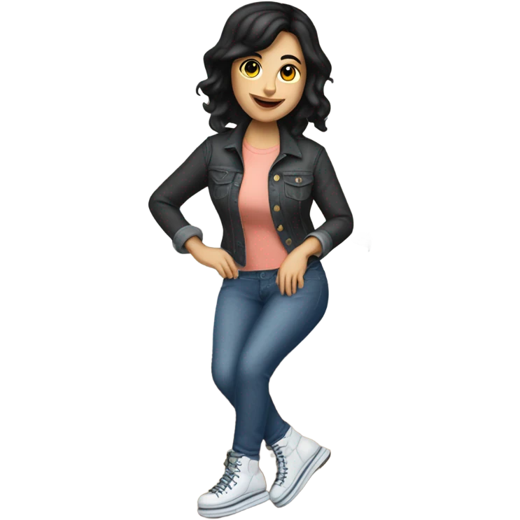 One Caucasian woman with black hair wearing jeans on roller skates cooking pancakes emoji