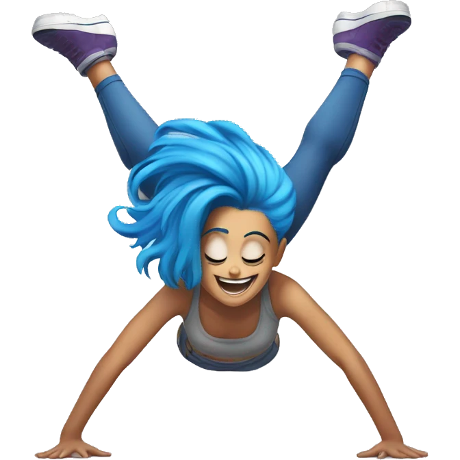 Girl doing a head stand with blue hair,and a crazy style smiling emoji